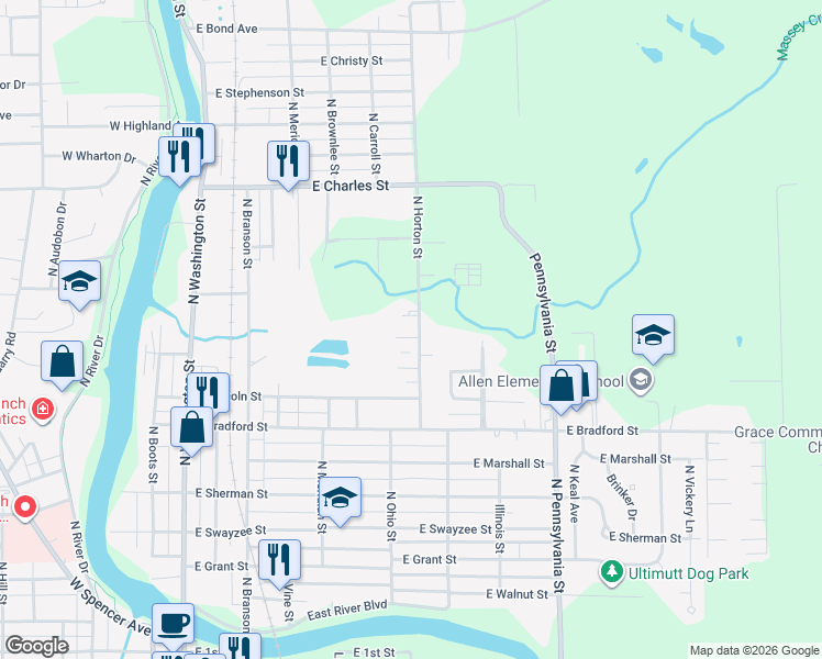 map of restaurants, bars, coffee shops, grocery stores, and more near 601 East Morton Street in Marion