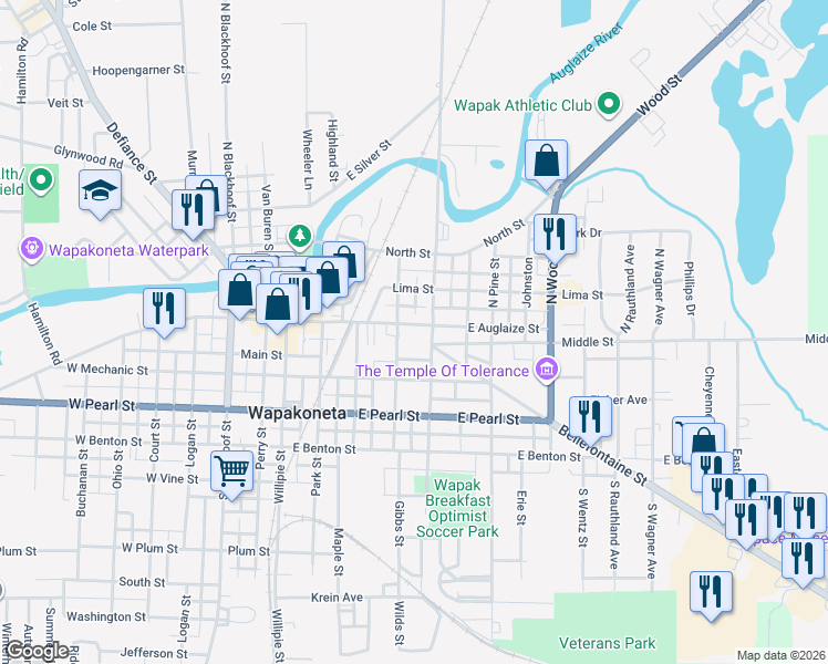 map of restaurants, bars, coffee shops, grocery stores, and more near 310 East Auglaize Street in Wapakoneta