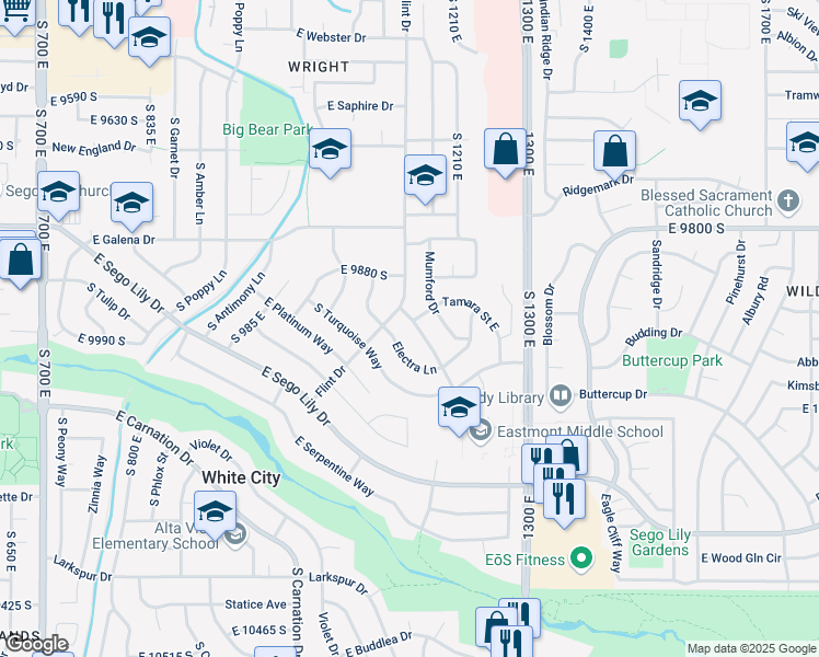 map of restaurants, bars, coffee shops, grocery stores, and more near 9958 Marble Street in Sandy