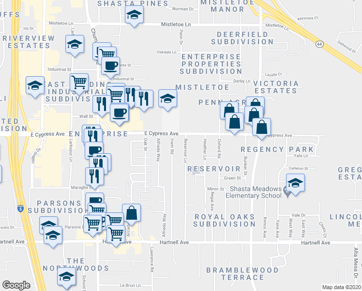 map of restaurants, bars, coffee shops, grocery stores, and more near 2550 Reservoir Lane in Redding