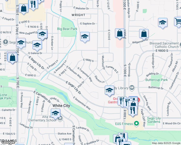 map of restaurants, bars, coffee shops, grocery stores, and more near 9968 Flint Drive in Sandy
