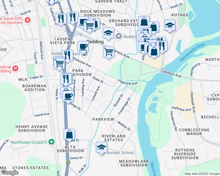 map of restaurants, bars, coffee shops, grocery stores, and more near 663 State Street in Redding
