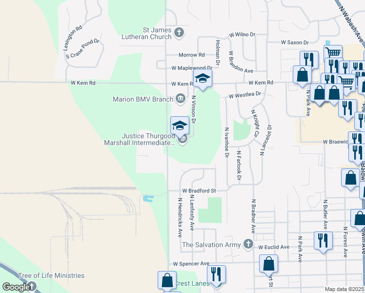 map of restaurants, bars, coffee shops, grocery stores, and more near 720 North Miller Avenue in Marion