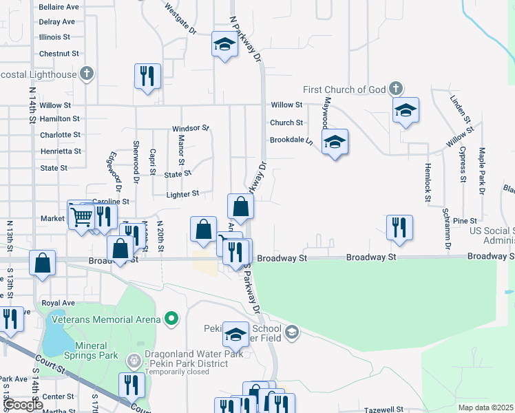 map of restaurants, bars, coffee shops, grocery stores, and more near 2203 Stoneybrook Road in Pekin