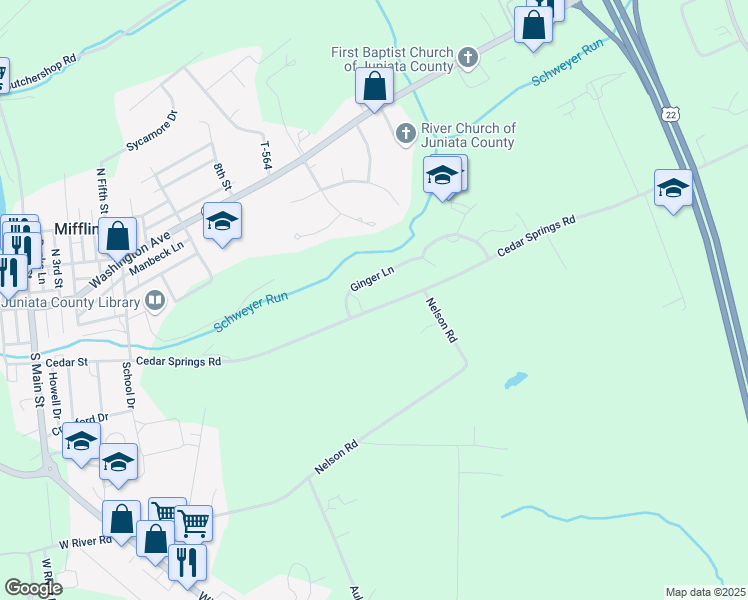map of restaurants, bars, coffee shops, grocery stores, and more near 585 Cedar Springs Road in Mifflintown