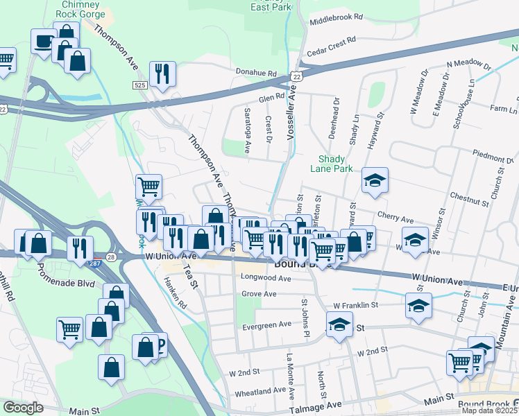 map of restaurants, bars, coffee shops, grocery stores, and more near 407 William Street in Bound Brook