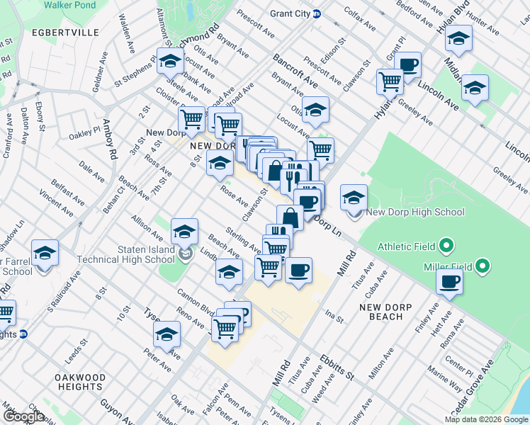 map of restaurants, bars, coffee shops, grocery stores, and more near 103 Coddington Avenue in Staten Island