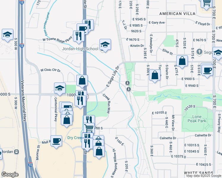 map of restaurants, bars, coffee shops, grocery stores, and more near 159 East Midvillage Boulevard in Sandy
