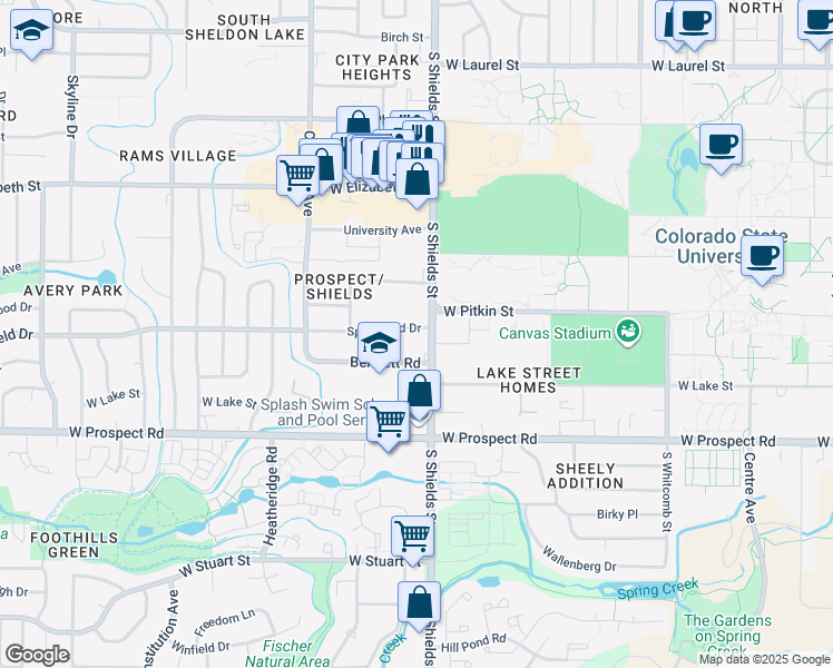 map of restaurants, bars, coffee shops, grocery stores, and more near 1302 South Shields Street in Fort Collins