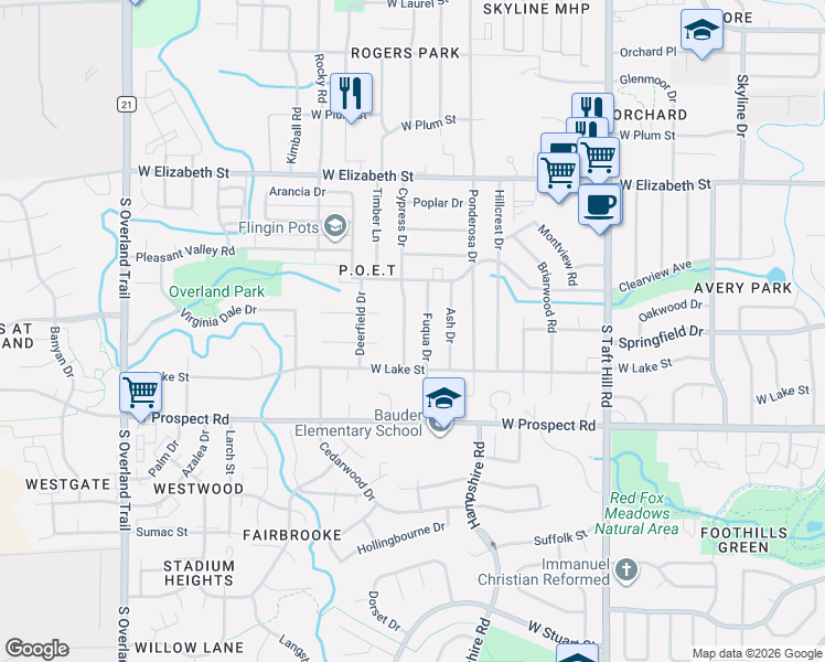 map of restaurants, bars, coffee shops, grocery stores, and more near 1123 Cypress Drive in Fort Collins