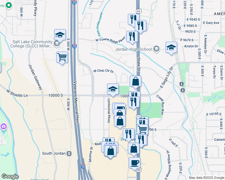 map of restaurants, bars, coffee shops, grocery stores, and more near 9927 Civic Center Drive in Sandy