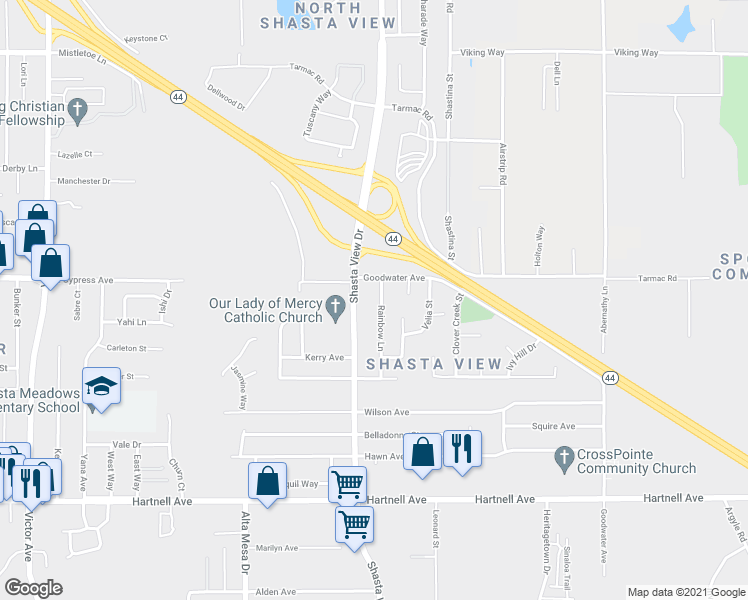 map of restaurants, bars, coffee shops, grocery stores, and more near 2535 Shasta View Drive in Redding
