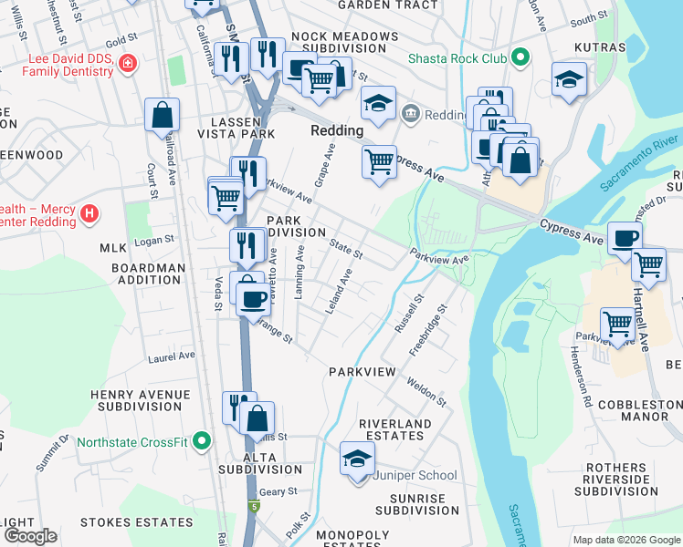 map of restaurants, bars, coffee shops, grocery stores, and more near 2718 Leland Avenue in Redding