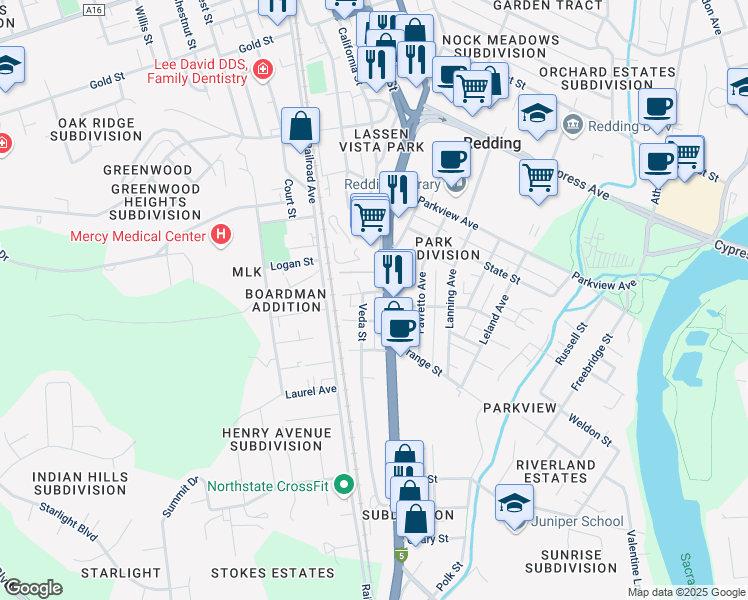 map of restaurants, bars, coffee shops, grocery stores, and more near 2731 S Market St in Redding