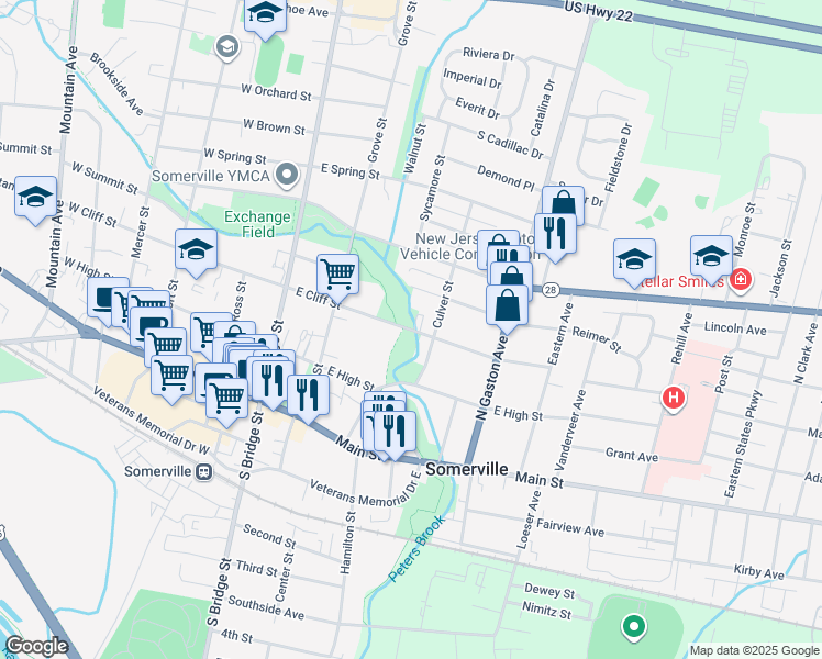 map of restaurants, bars, coffee shops, grocery stores, and more near 123 East Cliff Street in Somerville