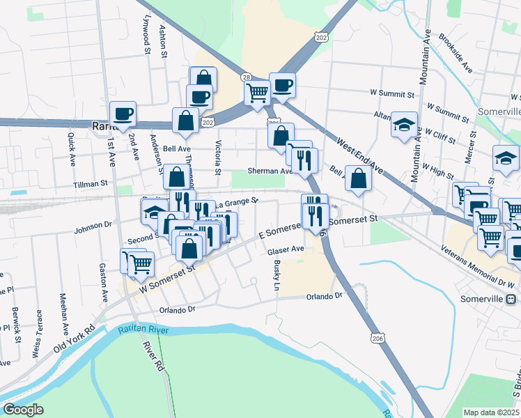 map of restaurants, bars, coffee shops, grocery stores, and more near 22 Reimer Street in Raritan