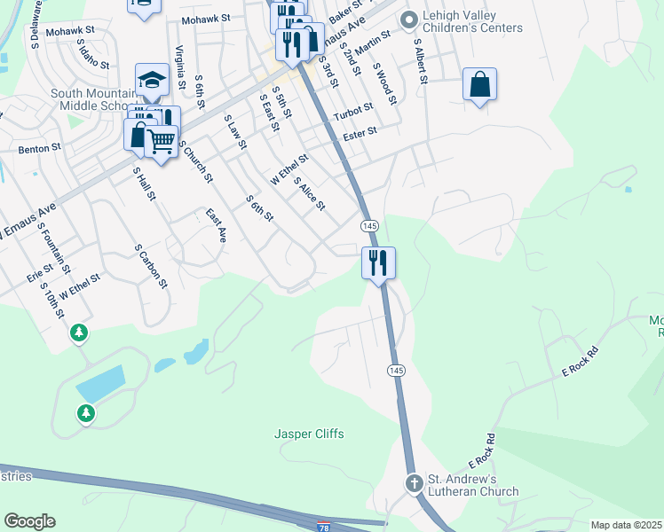 map of restaurants, bars, coffee shops, grocery stores, and more near 2622 South Law Street in Allentown