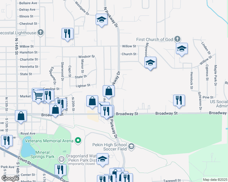 map of restaurants, bars, coffee shops, grocery stores, and more near 2203 Stoneybrook Road in Pekin