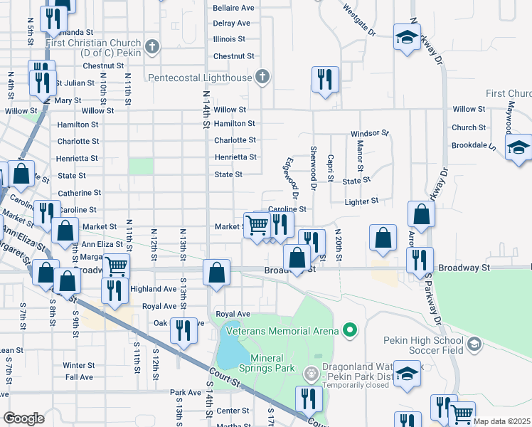 map of restaurants, bars, coffee shops, grocery stores, and more near 1600 Caroline Street in Pekin