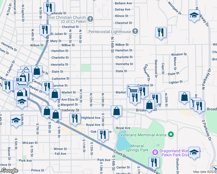 map of restaurants, bars, coffee shops, grocery stores, and more near 1308 Caroline Street in Pekin