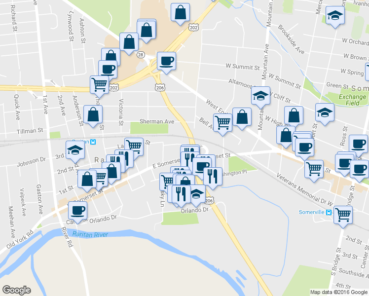 map of restaurants, bars, coffee shops, grocery stores, and more near 78 La Grange St in Raritan