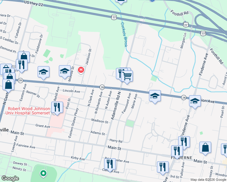 map of restaurants, bars, coffee shops, grocery stores, and more near 148 North Auten Avenue in Somerville