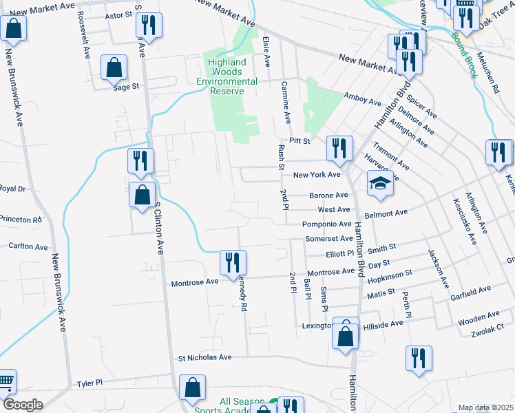 map of restaurants, bars, coffee shops, grocery stores, and more near 423 Brennan Court in South Plainfield