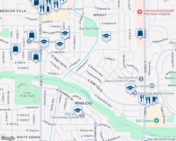 map of restaurants, bars, coffee shops, grocery stores, and more near 9957 Barium Lane in Sandy