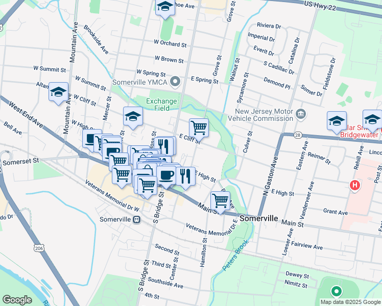 map of restaurants, bars, coffee shops, grocery stores, and more near 73 Grove Street in Somerville