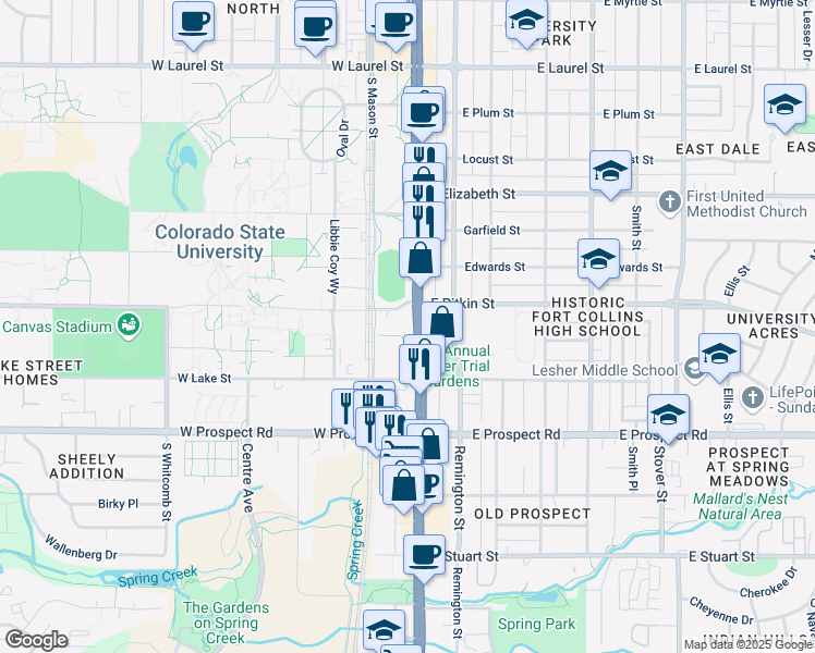 map of restaurants, bars, coffee shops, grocery stores, and more near 1311 South College Avenue in Fort Collins