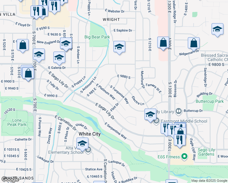 map of restaurants, bars, coffee shops, grocery stores, and more near 1058 Turquoise Way in Sandy