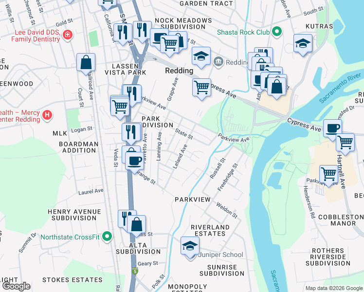 map of restaurants, bars, coffee shops, grocery stores, and more near 2718 Leland Avenue in Redding