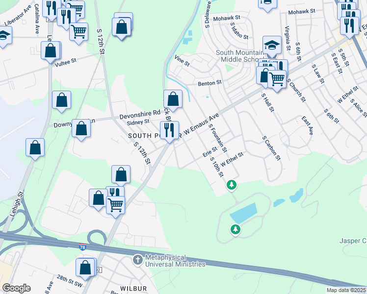 map of restaurants, bars, coffee shops, grocery stores, and more near in Allentown