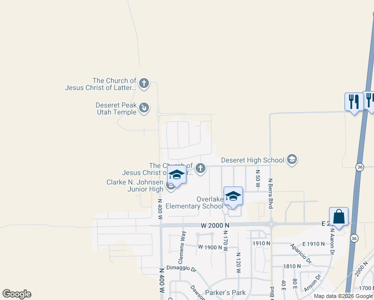 map of restaurants, bars, coffee shops, grocery stores, and more near 299 West 2280 North in Tooele