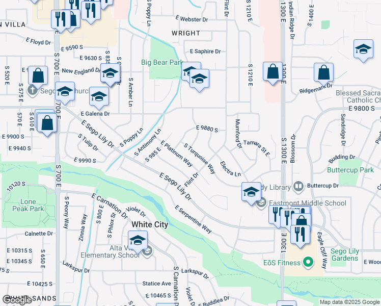 map of restaurants, bars, coffee shops, grocery stores, and more near 1058 Turquoise Way in Sandy