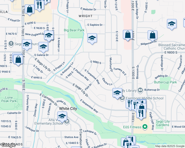 map of restaurants, bars, coffee shops, grocery stores, and more near 1077 South Turquoise Way in Sandy