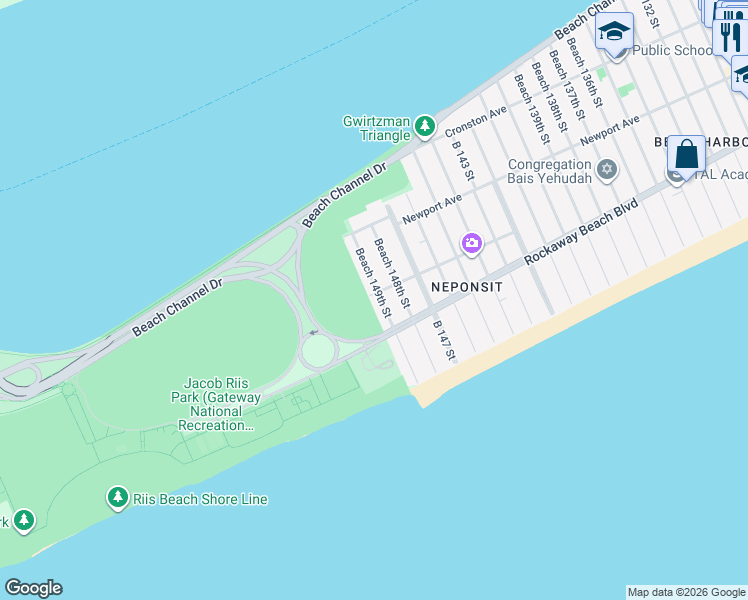 map of restaurants, bars, coffee shops, grocery stores, and more near 2-40 Beach 149th Street in Queens