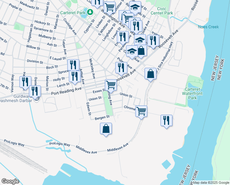 map of restaurants, bars, coffee shops, grocery stores, and more near 77 Union Street in Carteret