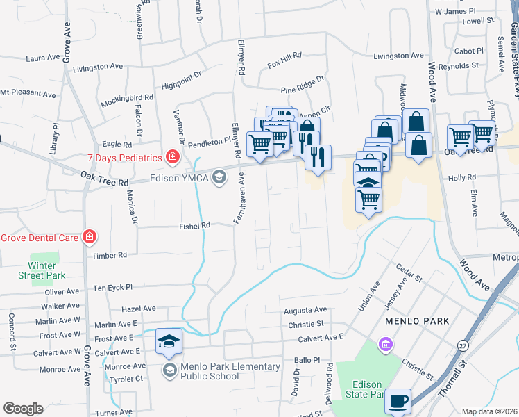 map of restaurants, bars, coffee shops, grocery stores, and more near 12 Farmhaven Avenue in Edison
