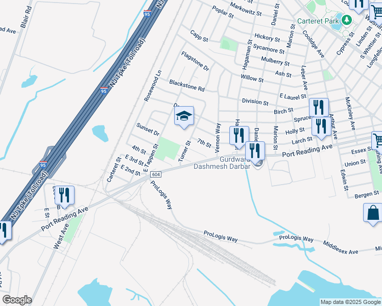 map of restaurants, bars, coffee shops, grocery stores, and more near 114 Capri Drive in Woodbridge Township