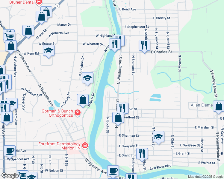 map of restaurants, bars, coffee shops, grocery stores, and more near 712 North Boots Street in Marion