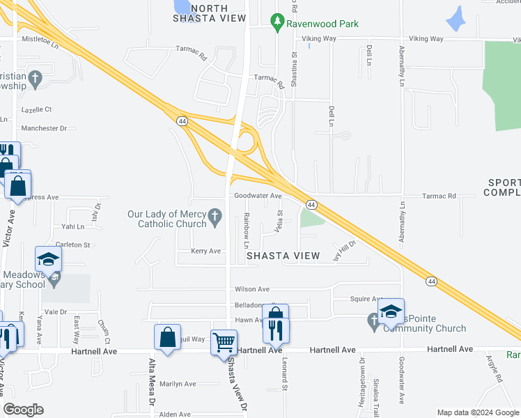 map of restaurants, bars, coffee shops, grocery stores, and more near 2520 Webb Court in Redding