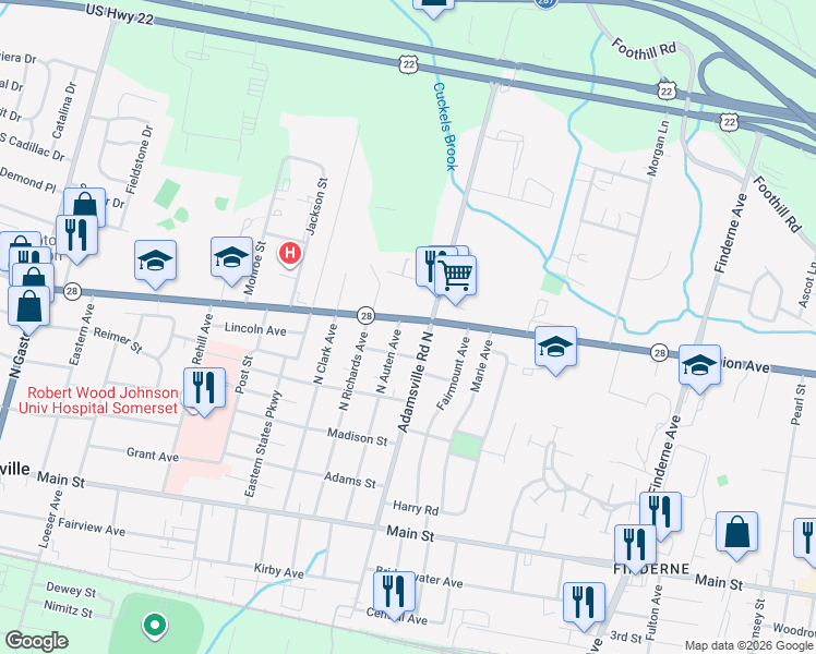 map of restaurants, bars, coffee shops, grocery stores, and more near 148 North Auten Avenue in Somerville