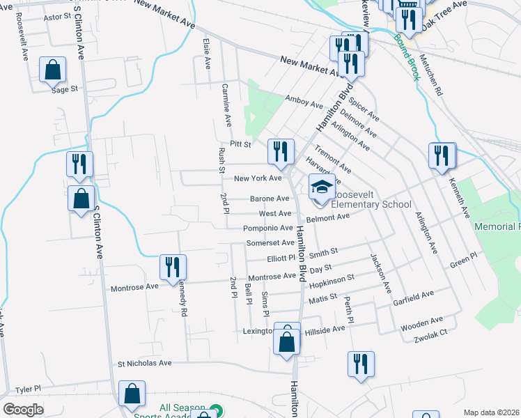 map of restaurants, bars, coffee shops, grocery stores, and more near 1405 Peek Street in South Plainfield