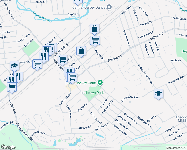 map of restaurants, bars, coffee shops, grocery stores, and more near 107 Blackford Avenue in Piscataway