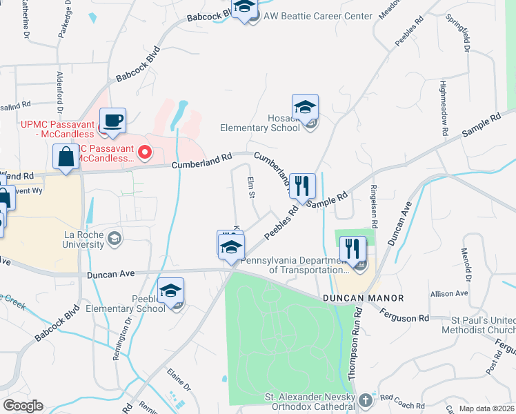 map of restaurants, bars, coffee shops, grocery stores, and more near 8960 Elm Street in McCandless
