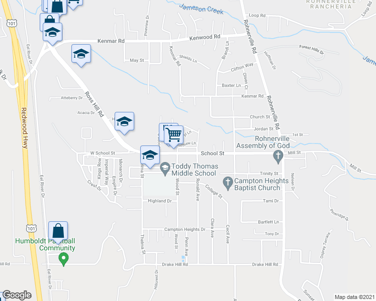 map of restaurants, bars, coffee shops, grocery stores, and more near 2969 Rainbow Lane in Fortuna