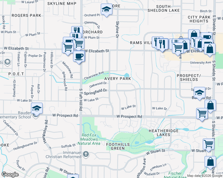 map of restaurants, bars, coffee shops, grocery stores, and more near 1210 Castlerock Drive in Fort Collins