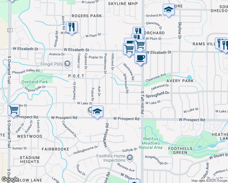 map of restaurants, bars, coffee shops, grocery stores, and more near 1213 Village Lane in Fort Collins