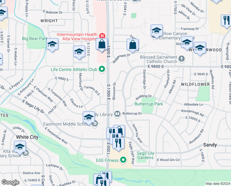 map of restaurants, bars, coffee shops, grocery stores, and more near 9961 Blossom Drive in Sandy